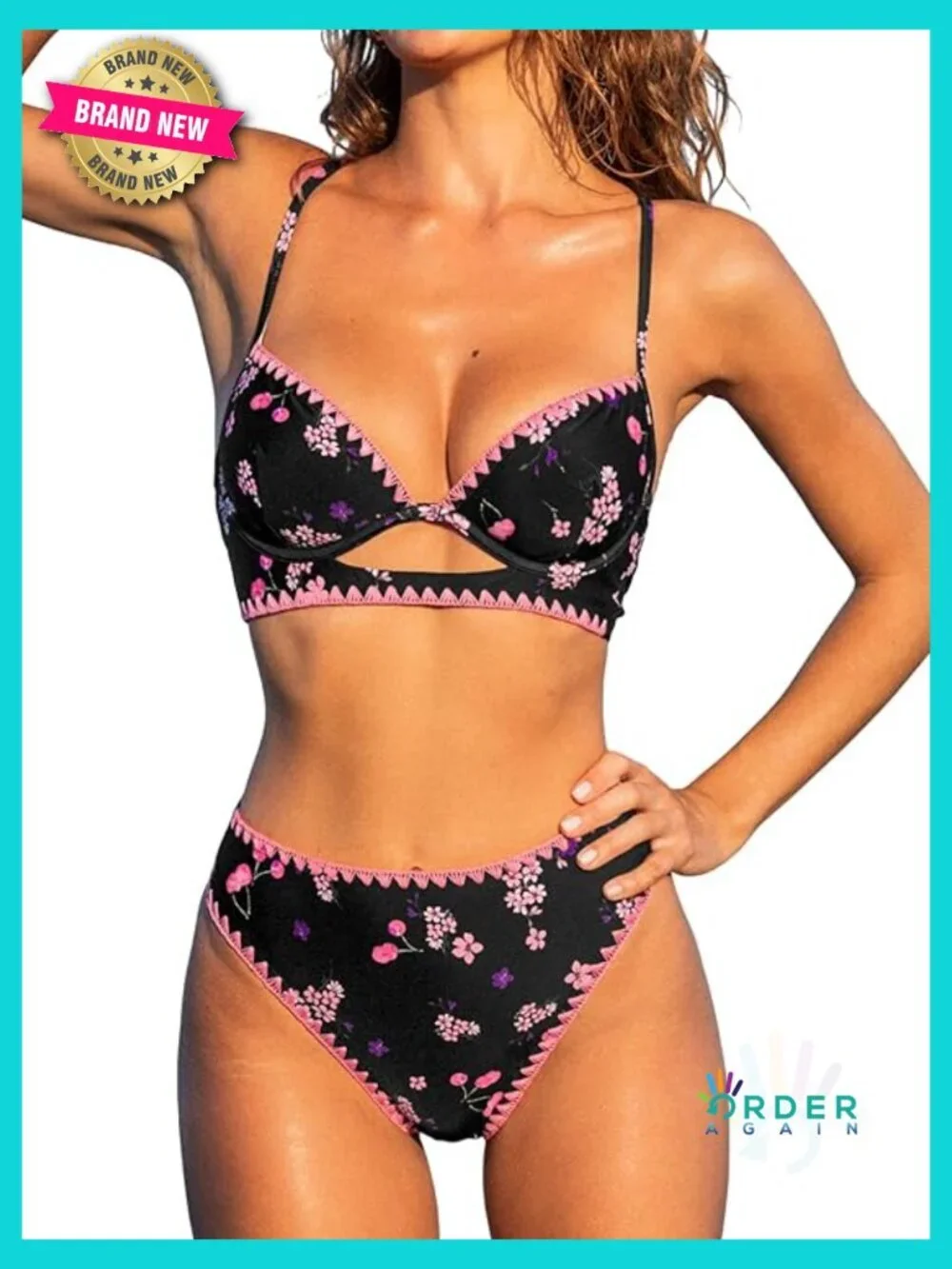 High Waisted Bikini Set Two Piece V Neck Cutout Back Lace Up Supportive